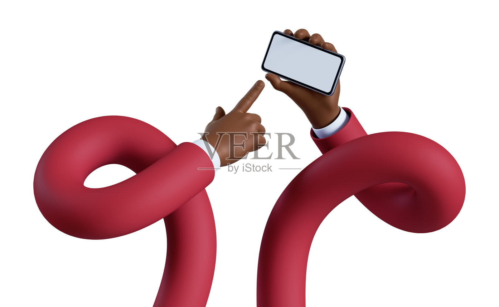 3d渲染，两只非洲人红袖手握黑屏智能手机。商务剪辑艺术孤立在白色背景照片摄影图片
