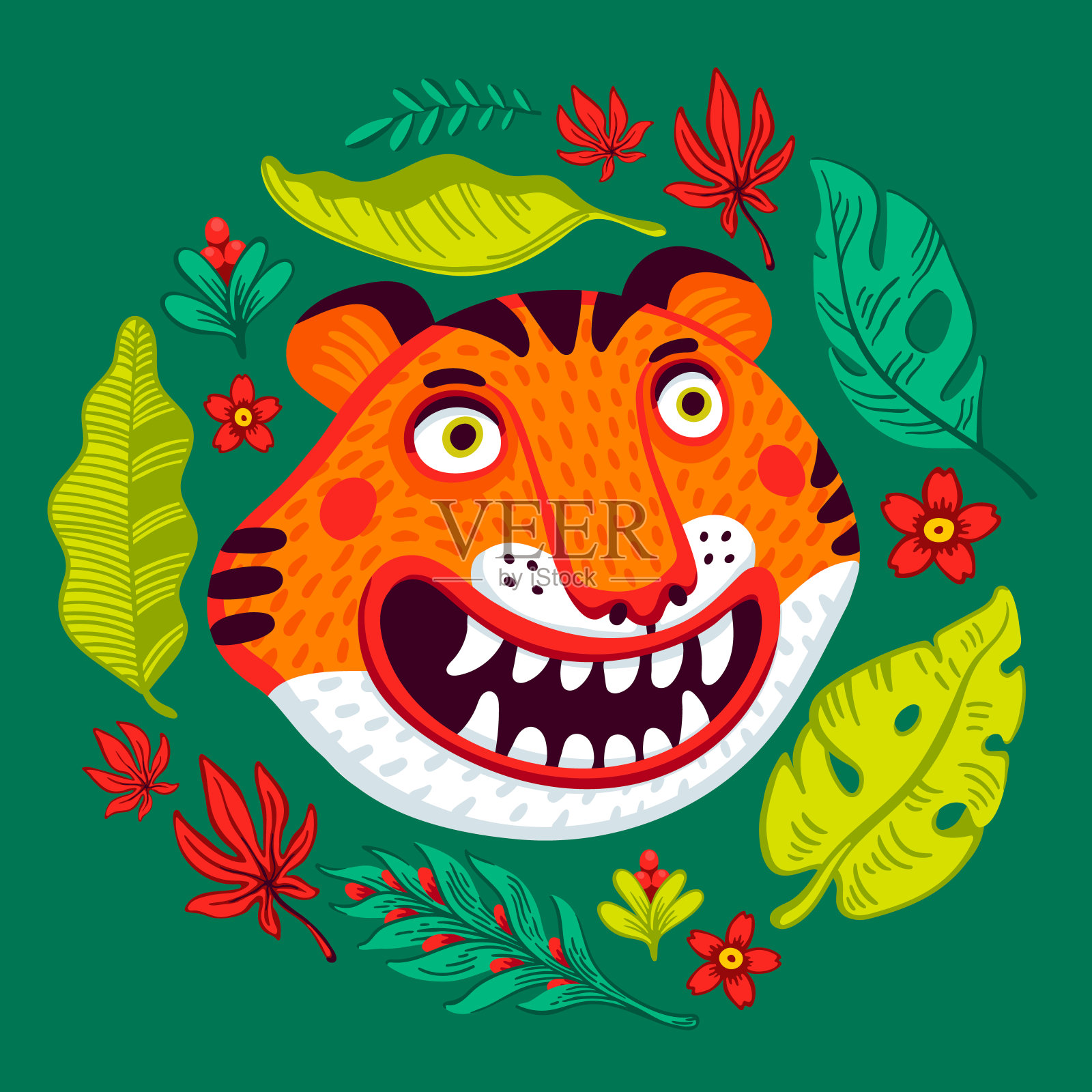 老虎矢量头，卡通老虎滑稽的脸在热带花叶花环框架。有机平面风格矢量插图插画图片素材
