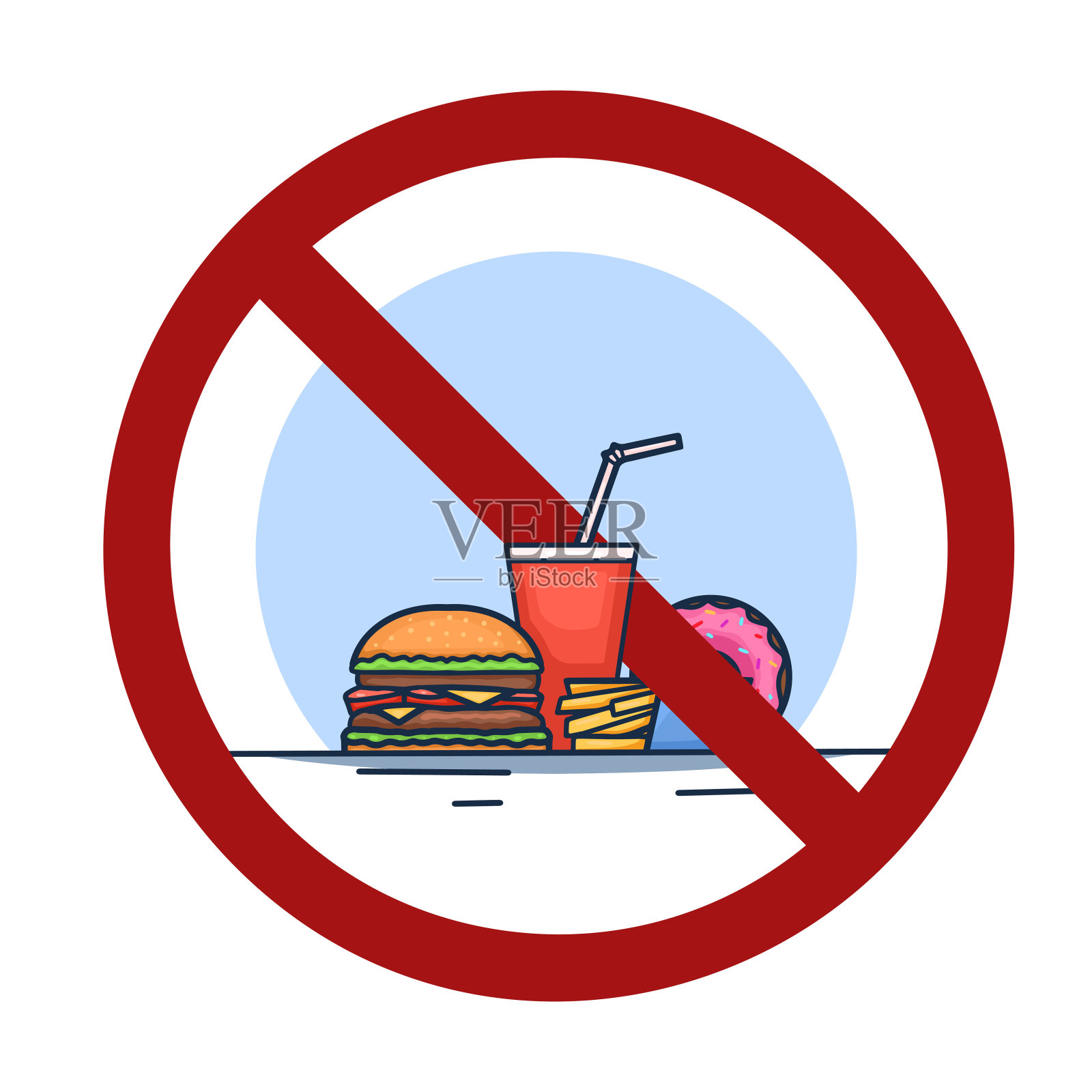 垃圾食品流行轮廓插图红色禁止标志。一杯苏打水，汉堡包，薯条和油炸圈饼。矢量卡通现代轮廓插图设计元素图片