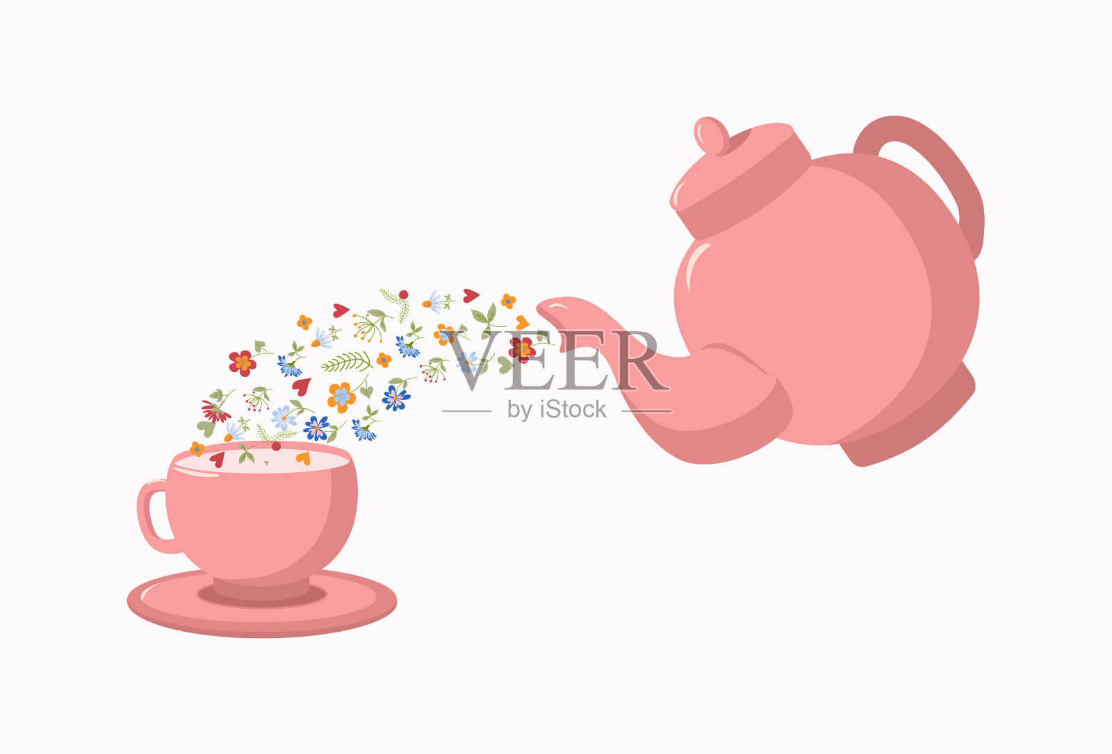 绿色花卉茶。茶壶和杯子，倒草药饮料。插画图片素材