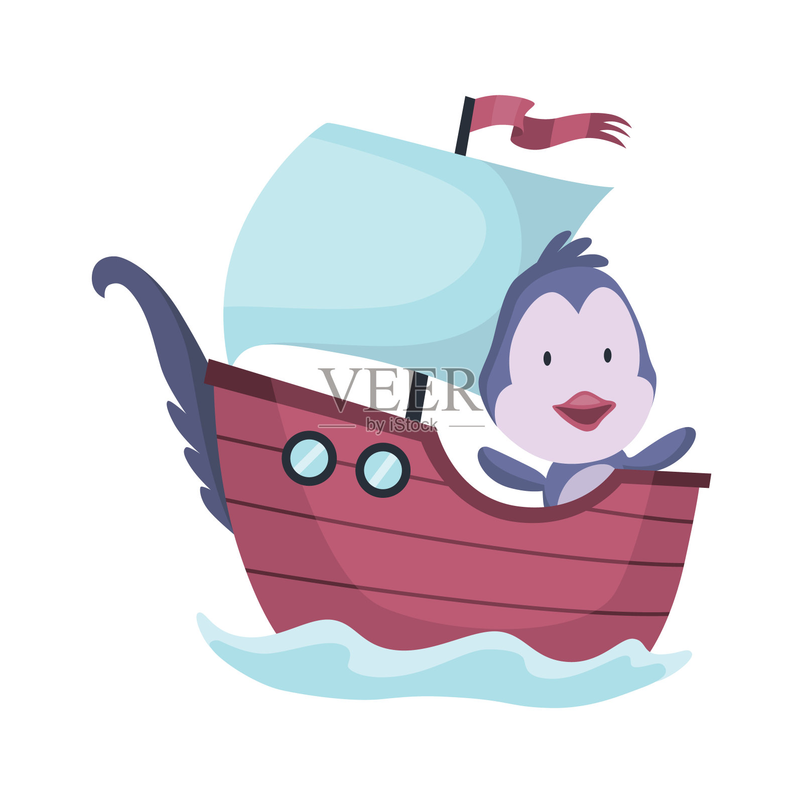 可爱的企鹅动物在船上航行。向量有趣的卡通水手在帆船上与水波孤立在白色的背景。孩子性格插画图片素材