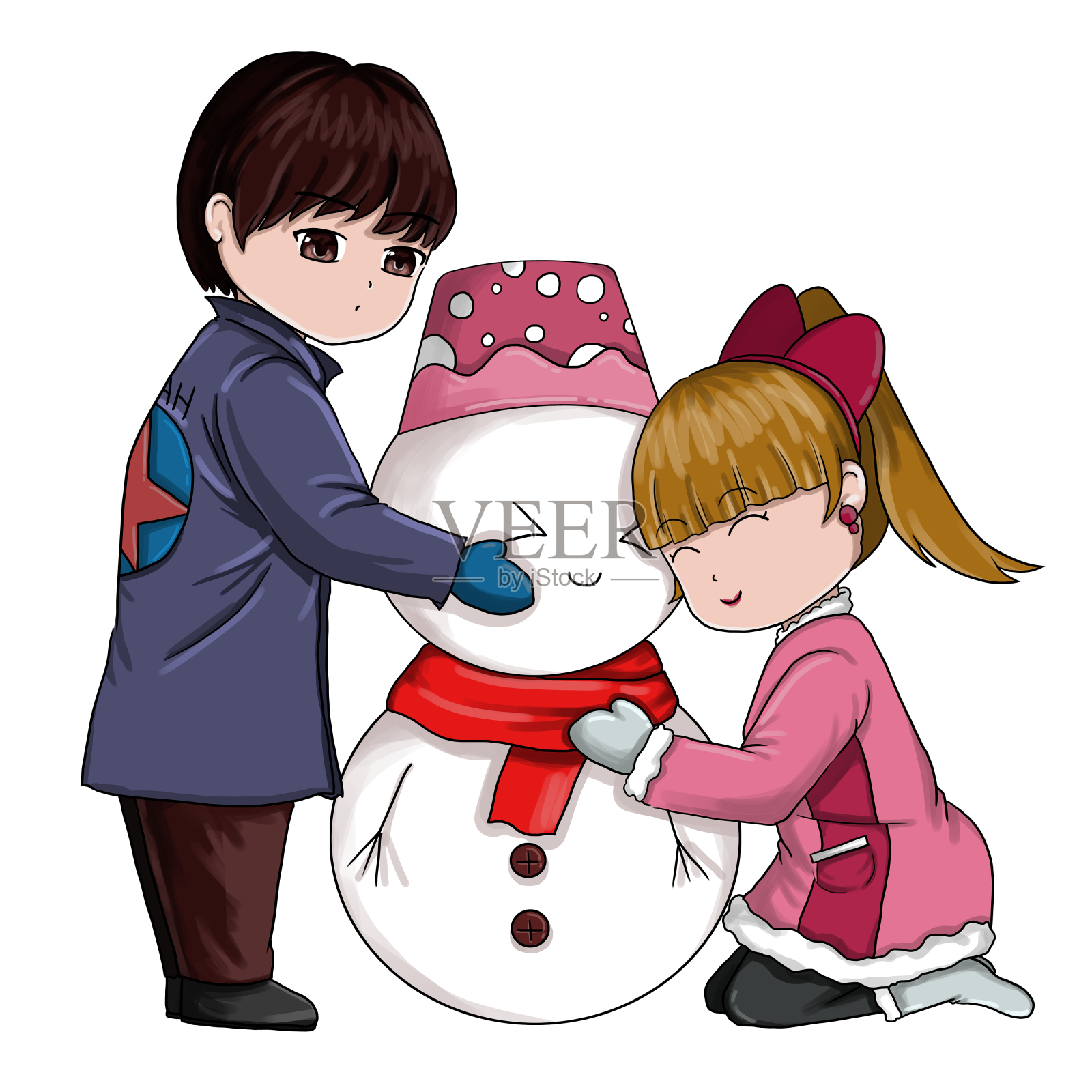 卡通立冬小孩冬天在大雪和雪人玩耍元素设计元素图片