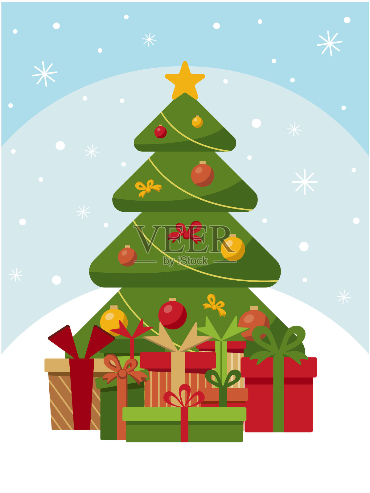 矢量平面插图的圣诞树。用玩具和圣诞礼物装饰新年的绿色云杉。EPS10插画图片素材