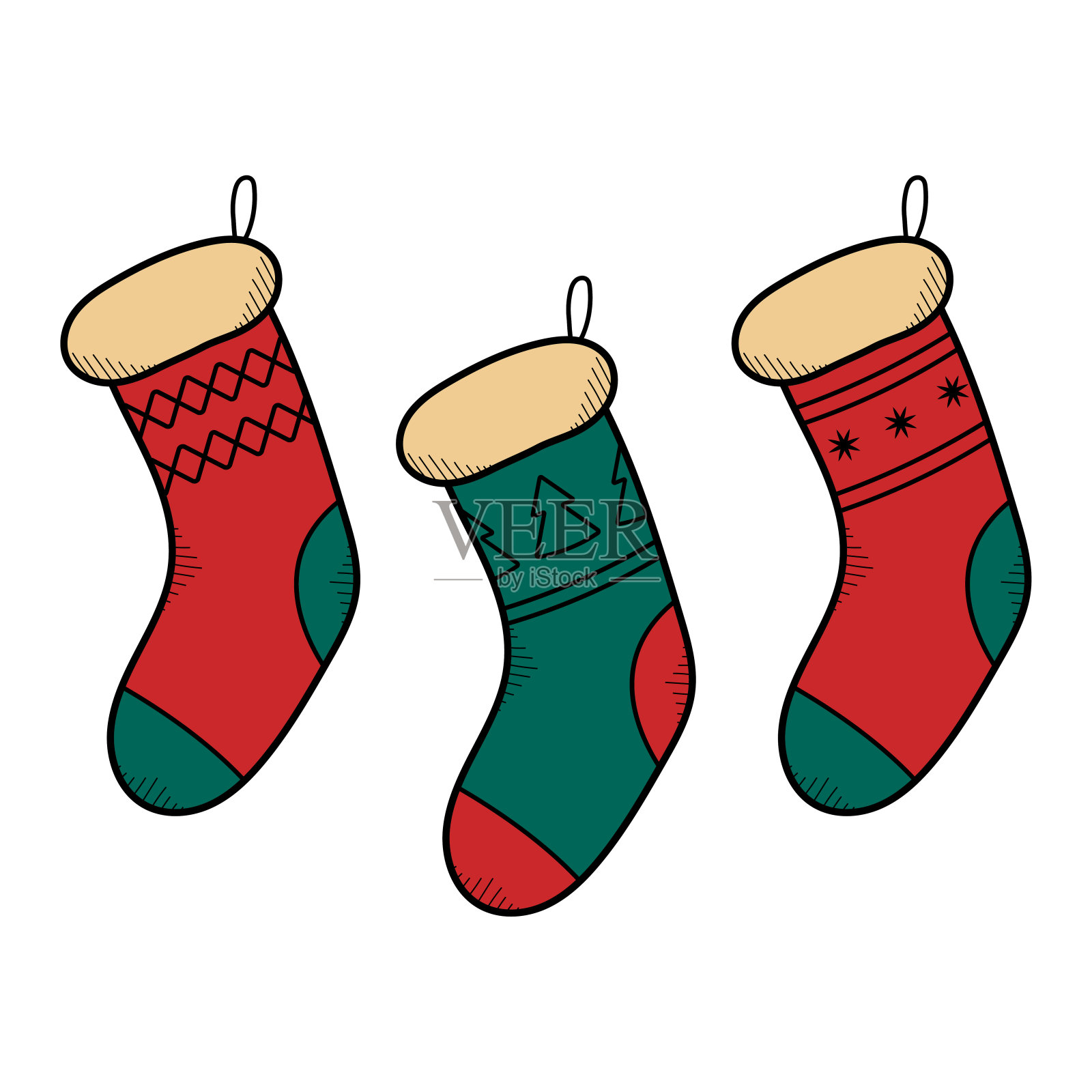 收集手绘圣诞袜子。绿色和红色的袜子作为礼物。独立的矢量插图涂鸦素描风格。设计元素图片
