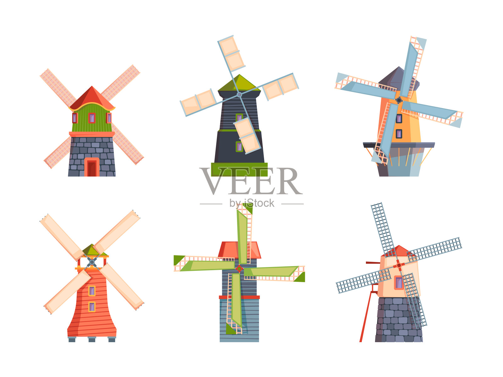 风车。扁平的乡村建筑，水塔，荷兰风车，花哨的向量，扁平的房子卡通收集孤立设计元素图片