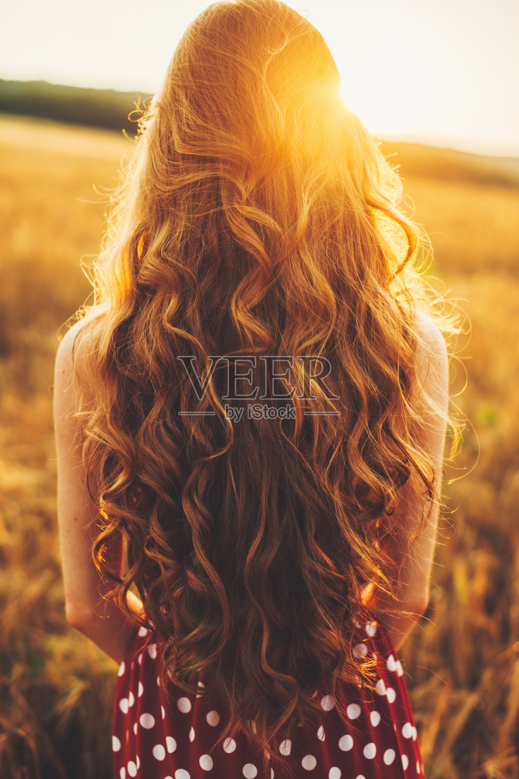 留着波浪长发的女人看着麦田里的日落。后面的观点。夕阳光照片摄影图片