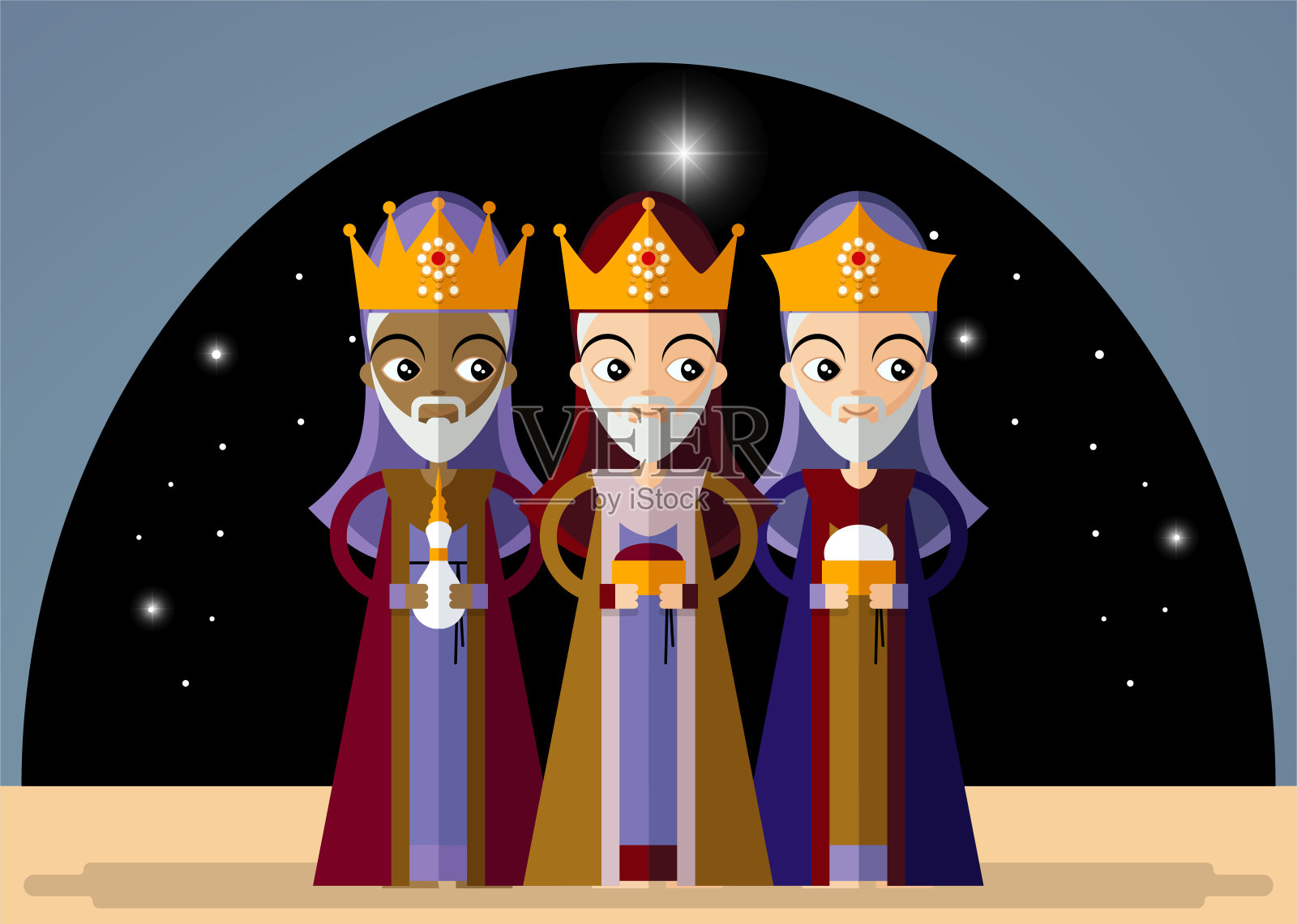 复古风格的圣诞卡，上面有三位国王给耶稣带来礼物。矢量插图在卡通风格。插画图片素材