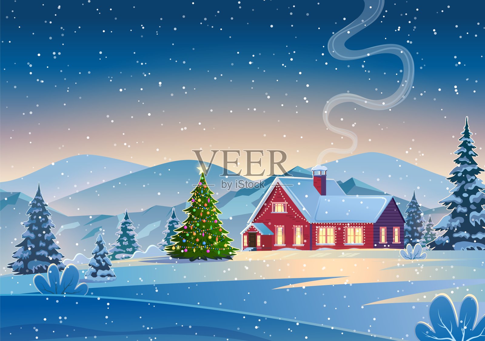 一个房子在一个下雪的圣诞景观的夜晚。插画图片素材