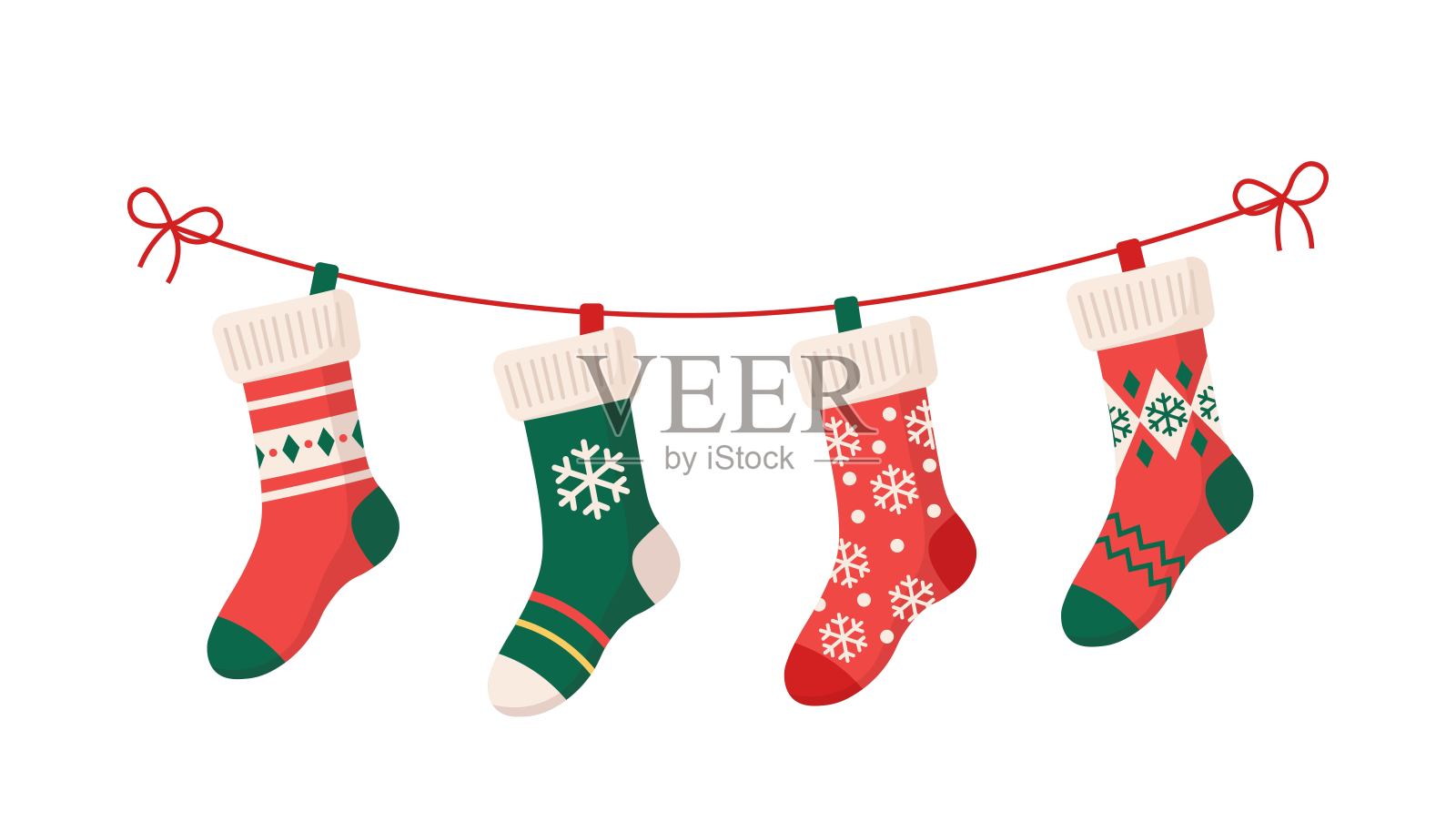 圣诞袜有各种传统的彩色节日装饰。插画图片素材