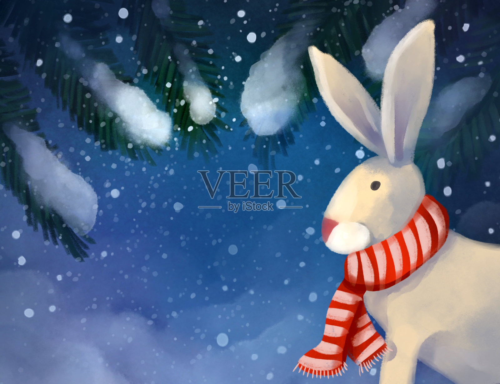 神奇的圣诞童话卡片。夜晚的森林和雪下裹着围巾的野兔。令人难以置信的图片插画图片素材
