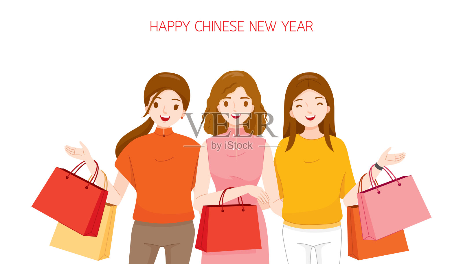 中国新年，三个女人一起购物插画图片素材