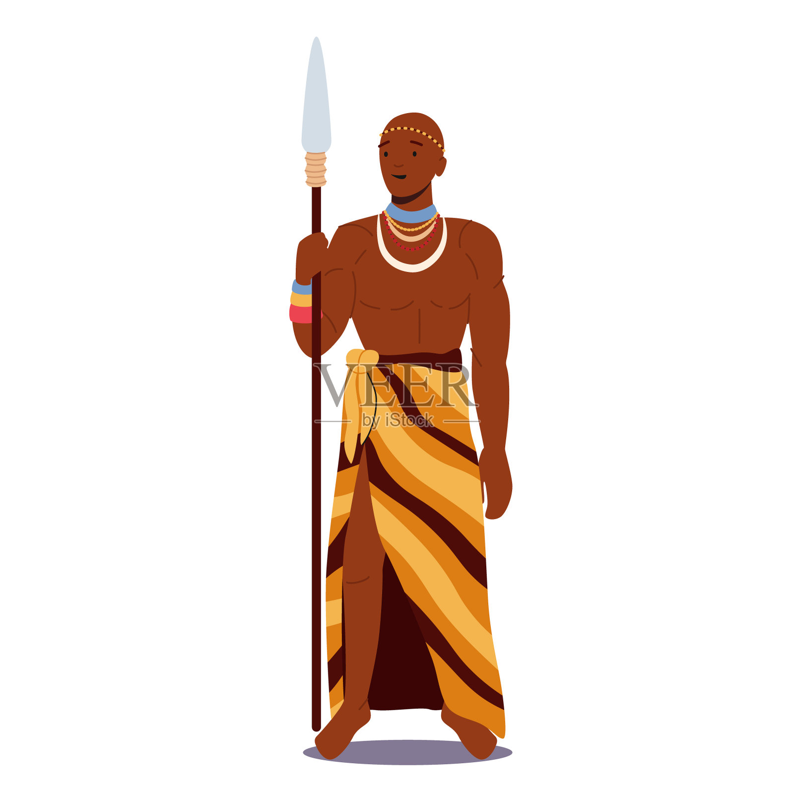 非洲人穿着部落服装和项链手持长矛。男性角色的肖像与黑皮肤，战士与武器插画图片素材
