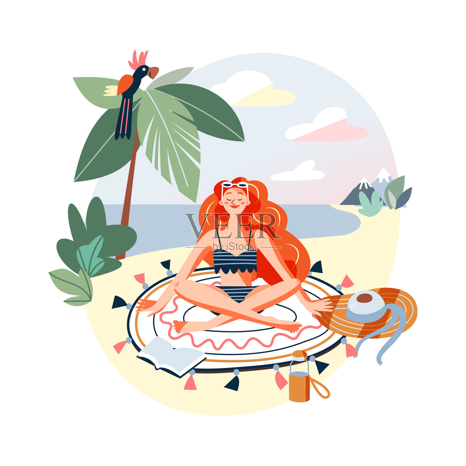 女孩在夏天的海边度假放松，女人穿着泳衣坐在莲花的位置插画图片素材