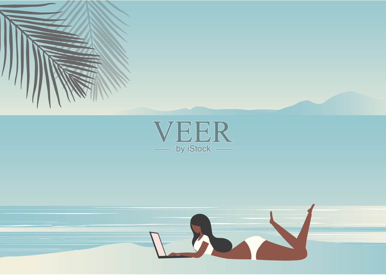 Workcation。工作的假期概念。女人工作在笔记本电脑上的海滩暑假矢量插图插画图片素材