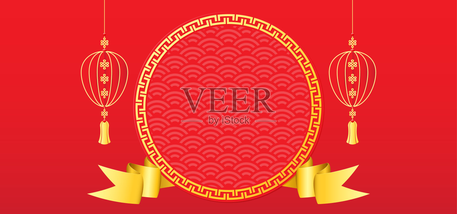 中国新年背景与空白的文字。红色和金色的背景主题与图案纹理，丝带和灯笼。矢量图插画图片素材