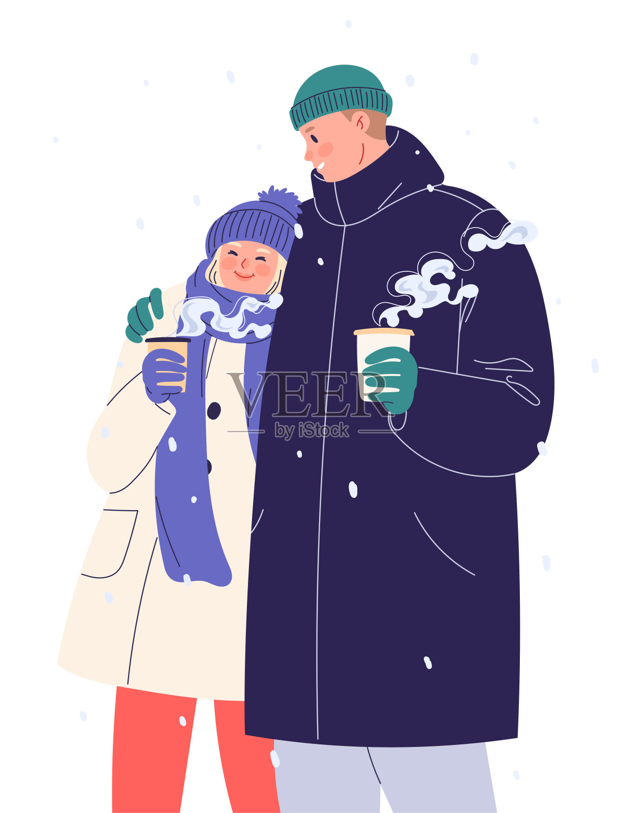 幸福的年轻夫妇漫步在冬日，喝着咖啡设计元素图片