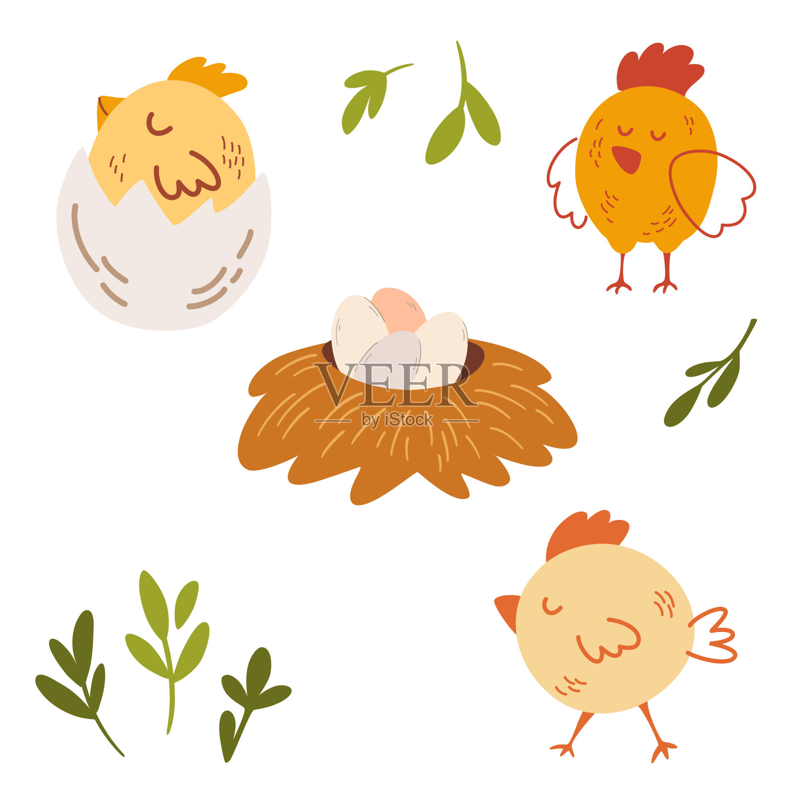 可爱的小黄鸡刚从蛋里孵出来插画图片素材_ID:421527343-Veer图库