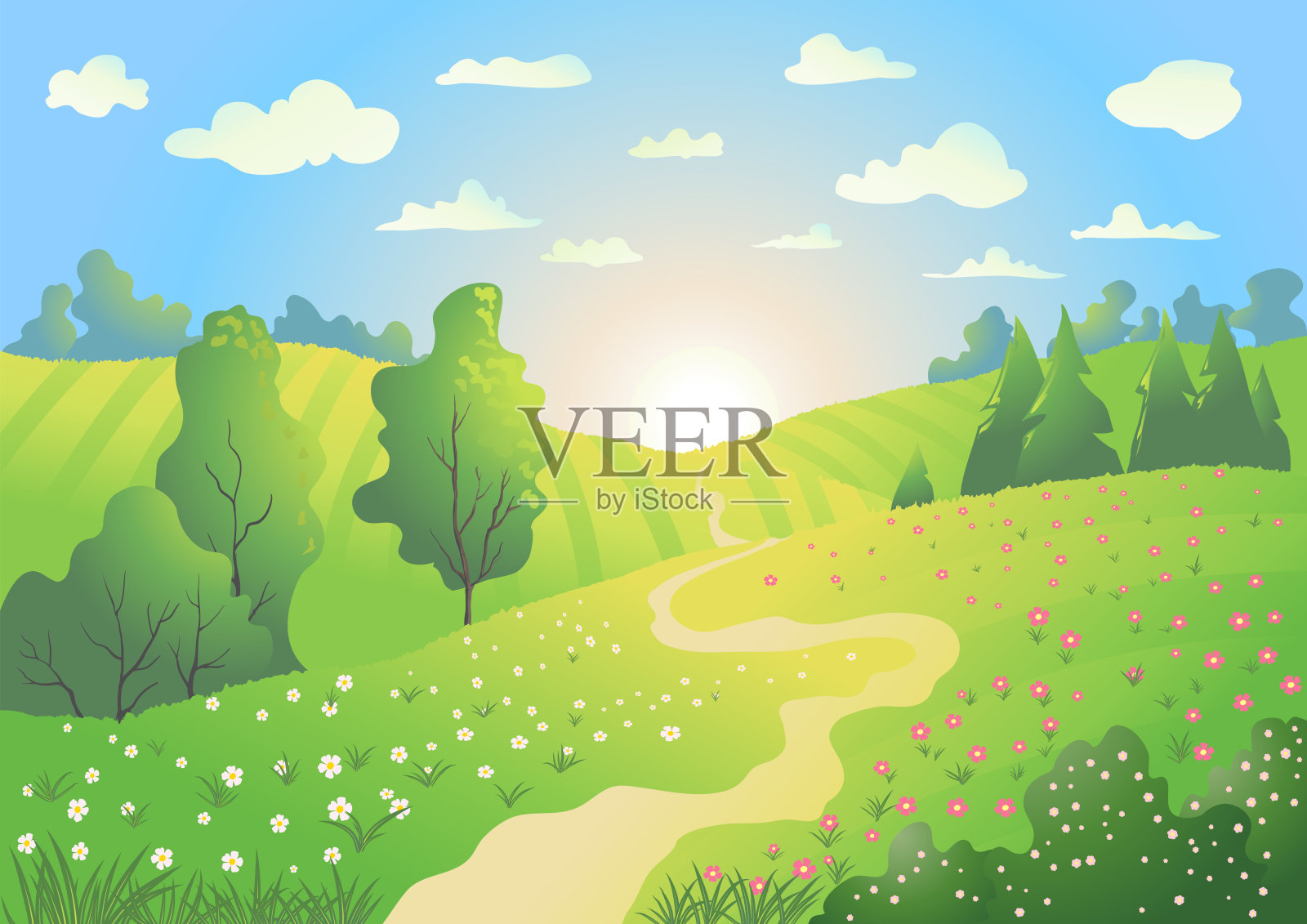 春天或夏天的乡村景观矢量卡通插图与升起的太阳，山上的鲜花，灌木和树木和蓝色的天空插画图片素材