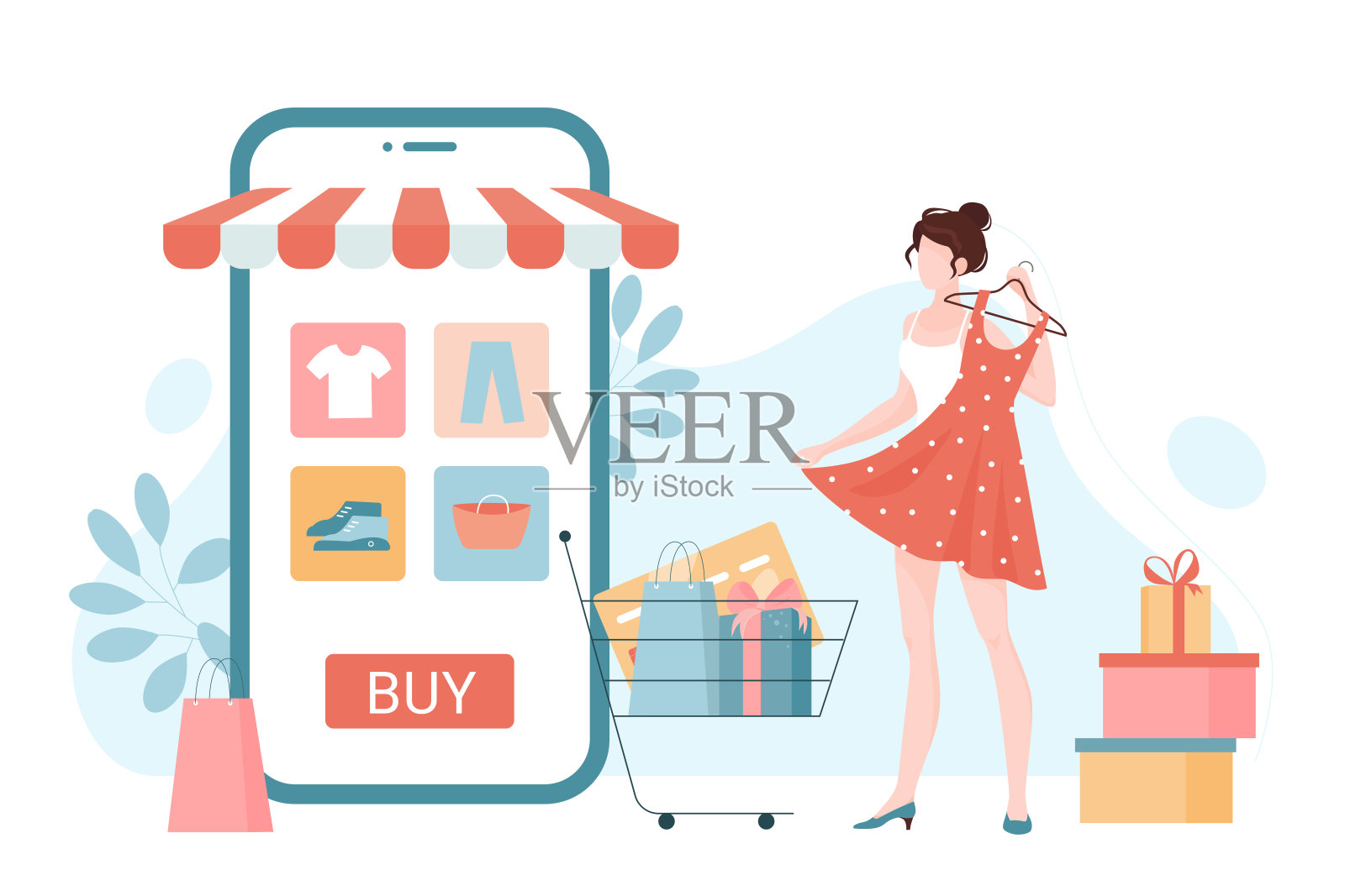 在线商务，零售时尚商店或市场应用程序和客户与购买插画图片素材