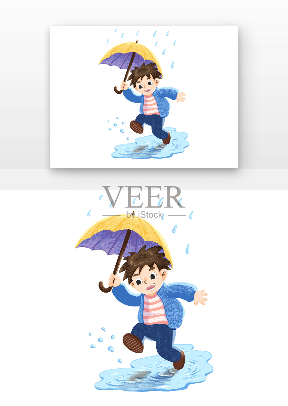 17款雨天儿童打伞玩耍注意安全PSD卡通插画 – 设计奴