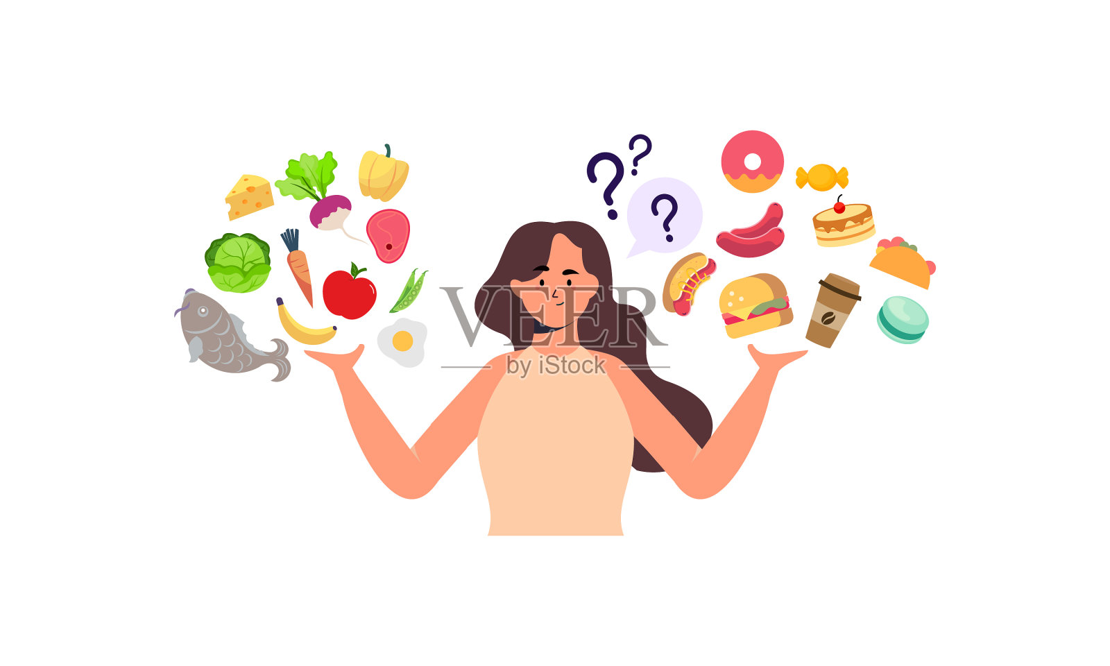 在健康食品和不健康食品之间做选择的女人插画图片素材_ID:418343524-Veer图库