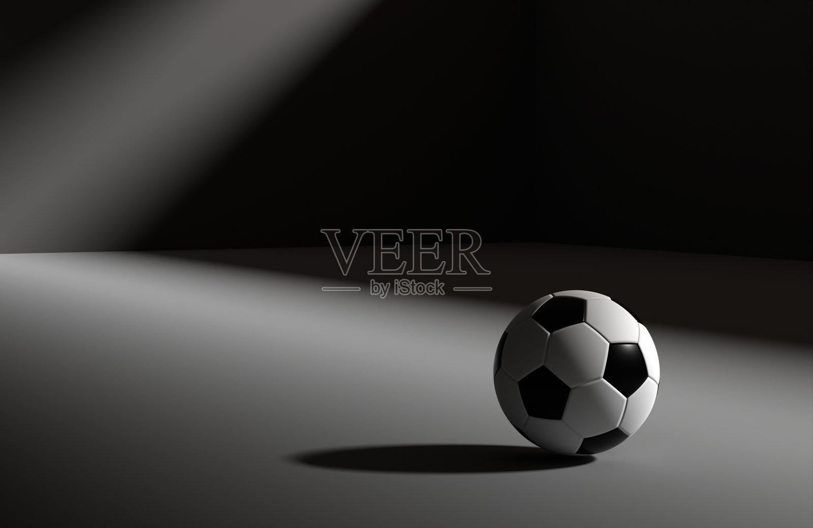 足球在黑暗的房间里的光线。锻炼、孤独、毅力的概念。3 d渲染。照片摄影图片