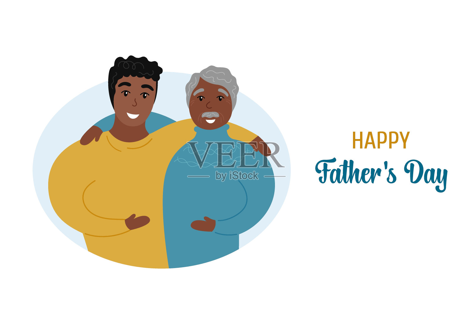 父亲节卡片。年迈的父亲和成年的儿子拥抱在一起。快乐的非洲裔美国人拥抱他的老爸。两个男人在一起。平面矢量庆祝插图插画图片素材