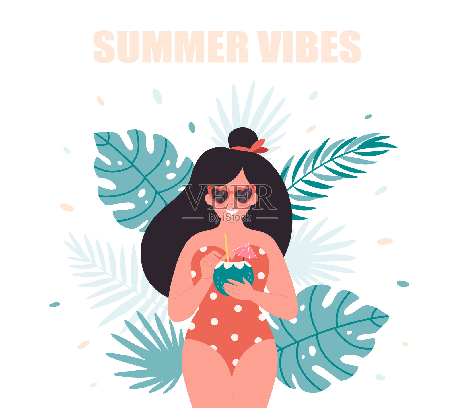 女人和夏日鸡尾酒。你好夏天，假期，夏天的时间，夏天的聚会。穿着复古泳装和复古眼镜的女人。手绘矢量插图插画图片素材