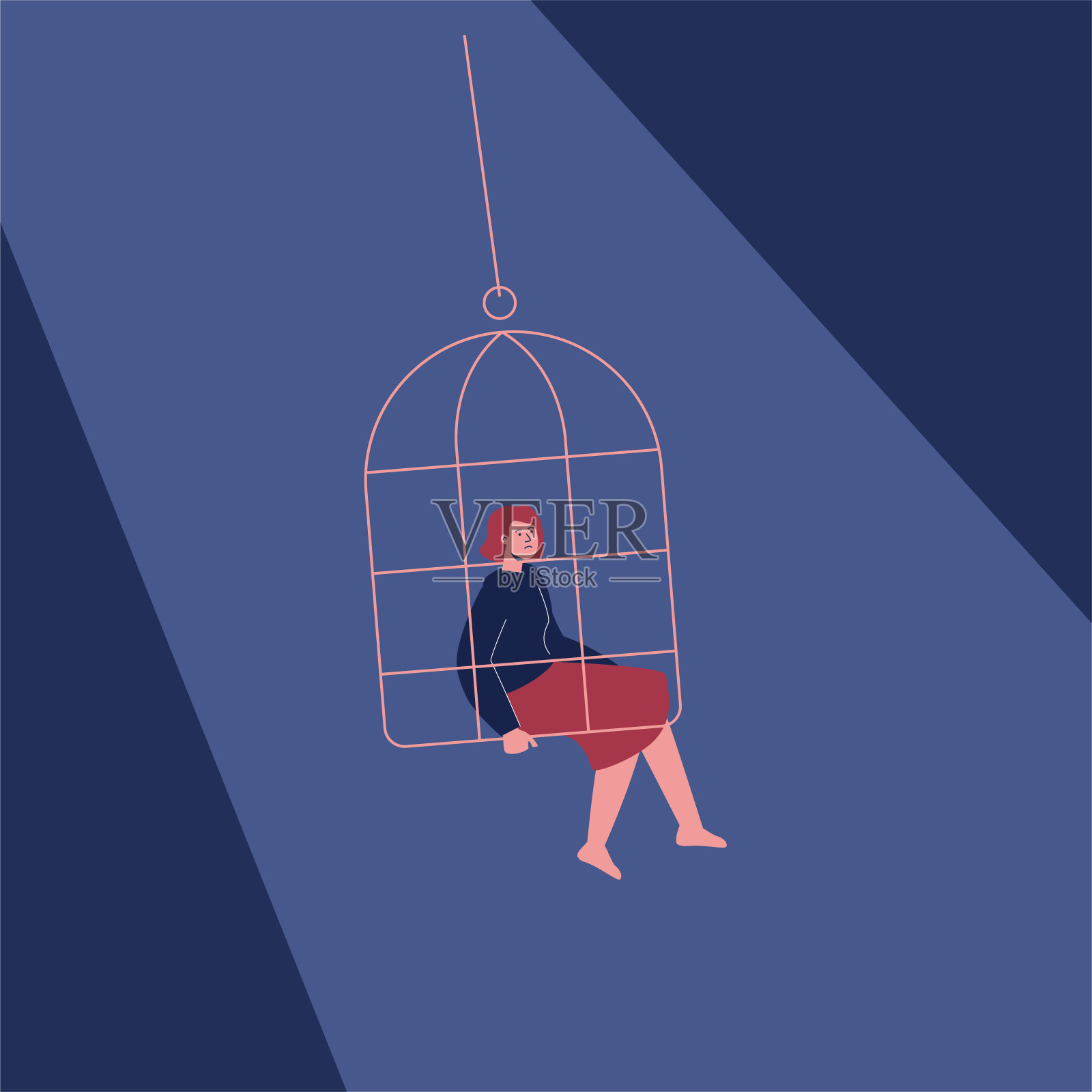 悲伤孤独的女人独自坐在家里。年轻的女性角色被关在笼子里插画图片素材_ID:377572126-Veer图库