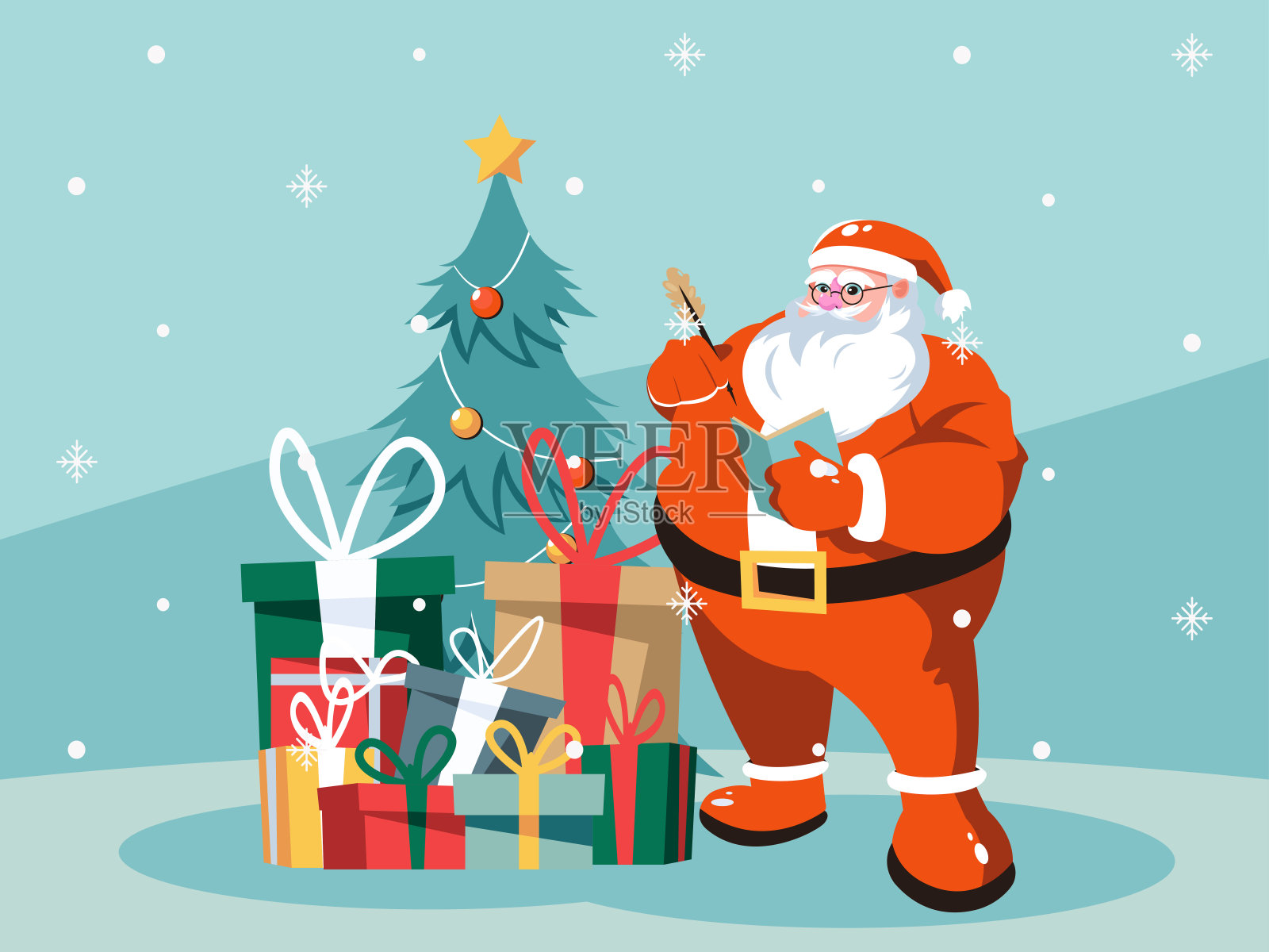 卡通人物插图的圣诞老人和圣诞树与礼物插画图片素材