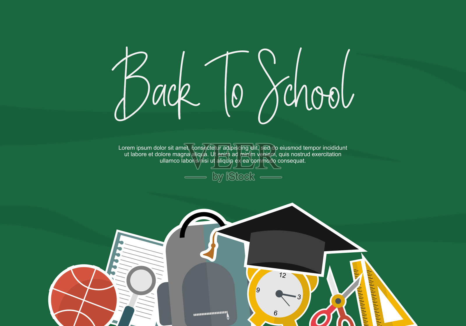 回到学校的教育背景与篮球，书，包，时钟，尺子，刀和毕业帽孤立在绿色上。插画图片素材
