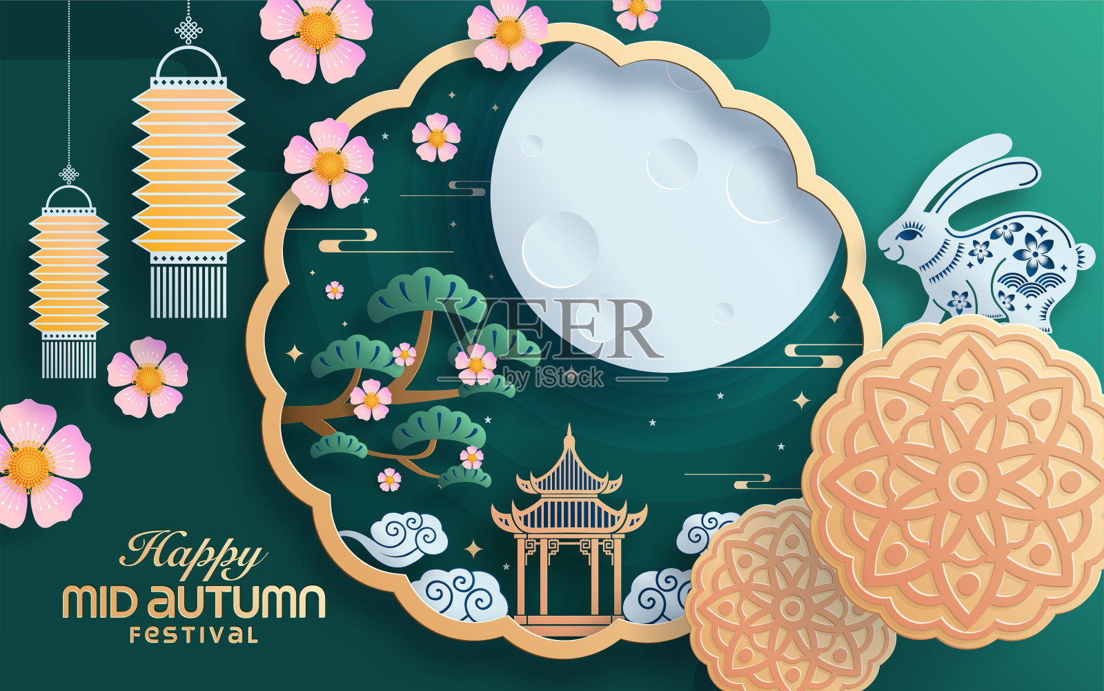 中秋节纸艺术风格与满月，月饼，中国灯笼和兔子的背景。设计模板素材