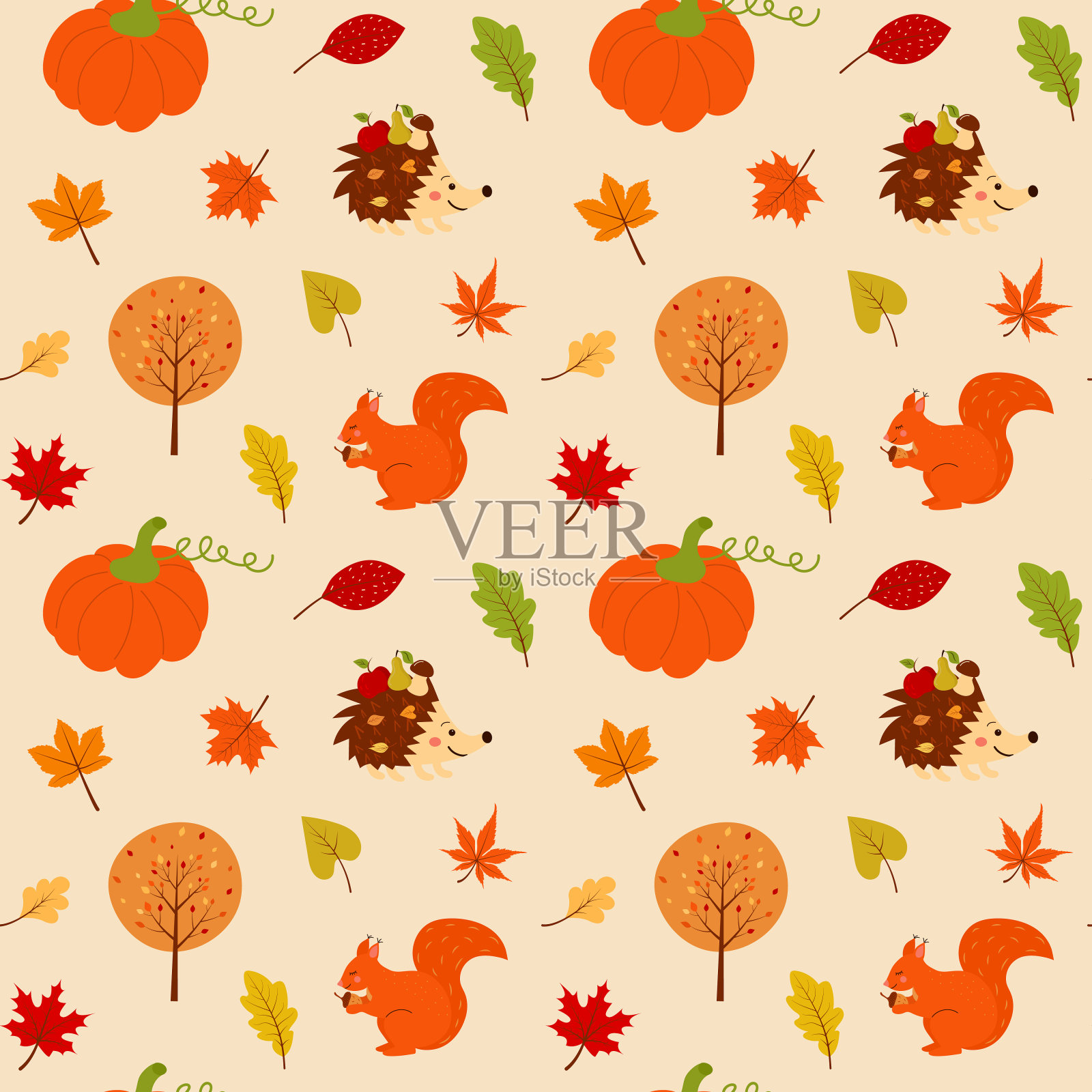南瓜，秋天的叶子，松鼠，刺猬和树无缝图案。插画图片素材