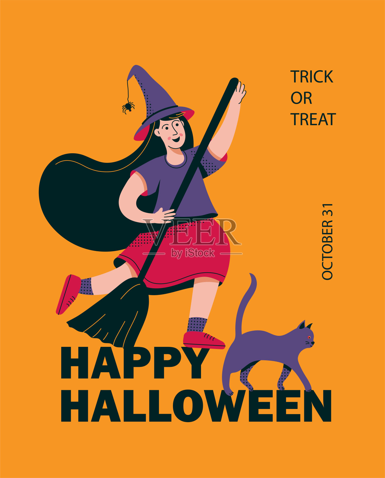 穿着女巫服装的女孩。可爱的万圣节女巫带着扫帚和猫。万圣节快乐横幅，卡片，海报。插画图片素材