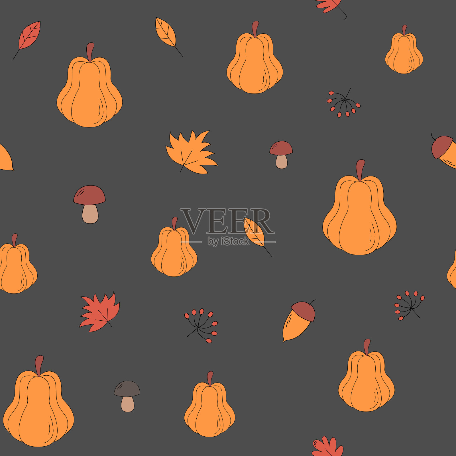 南瓜，树叶，橡子和蘑菇无缝图案。感恩节，万圣节，秋天的美丽背景。插画图片素材