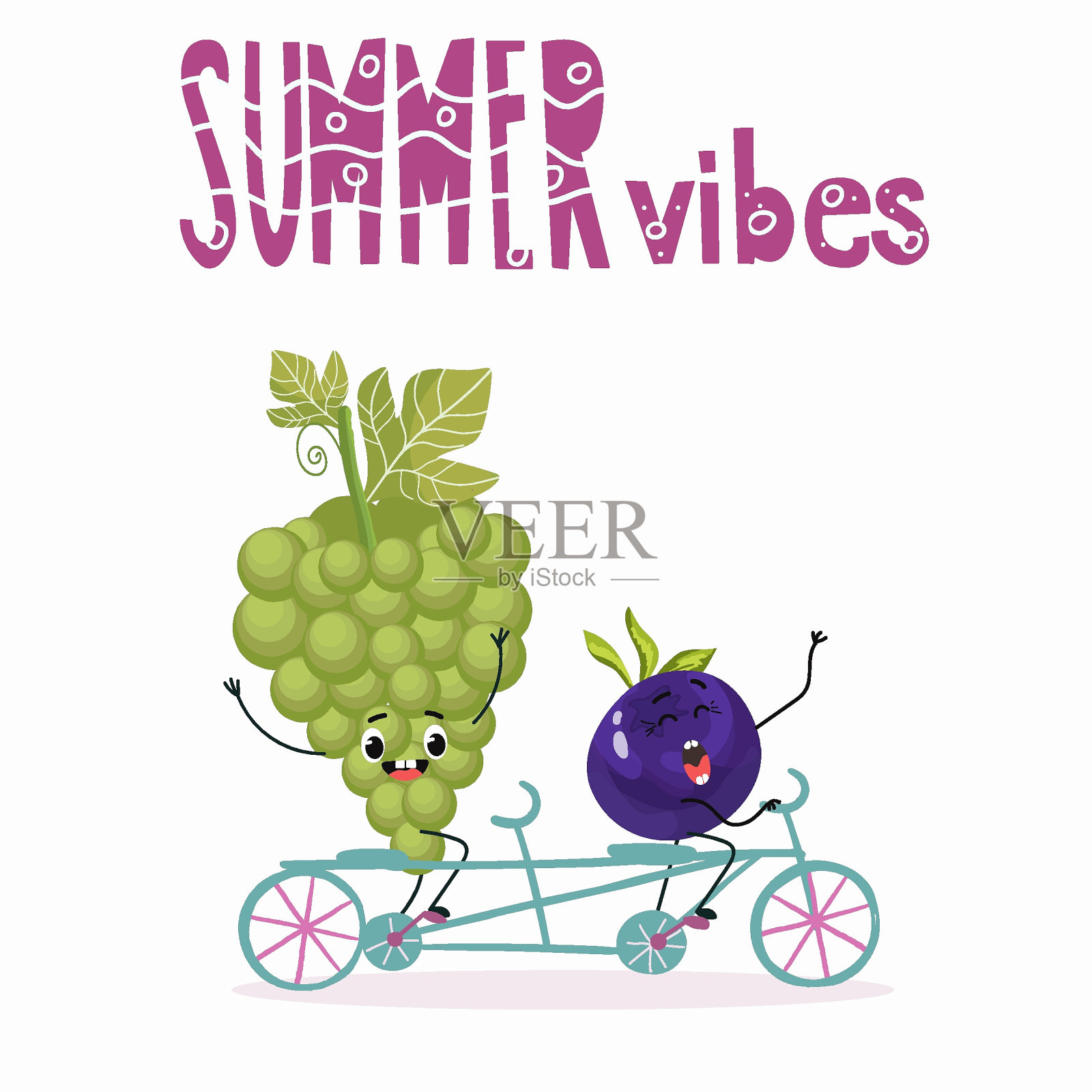 有趣的人物，卡通人物，葡萄和蓝莓，有趣的水果，夏天的氛围，派对，海滩的矢量插图。插画图片素材