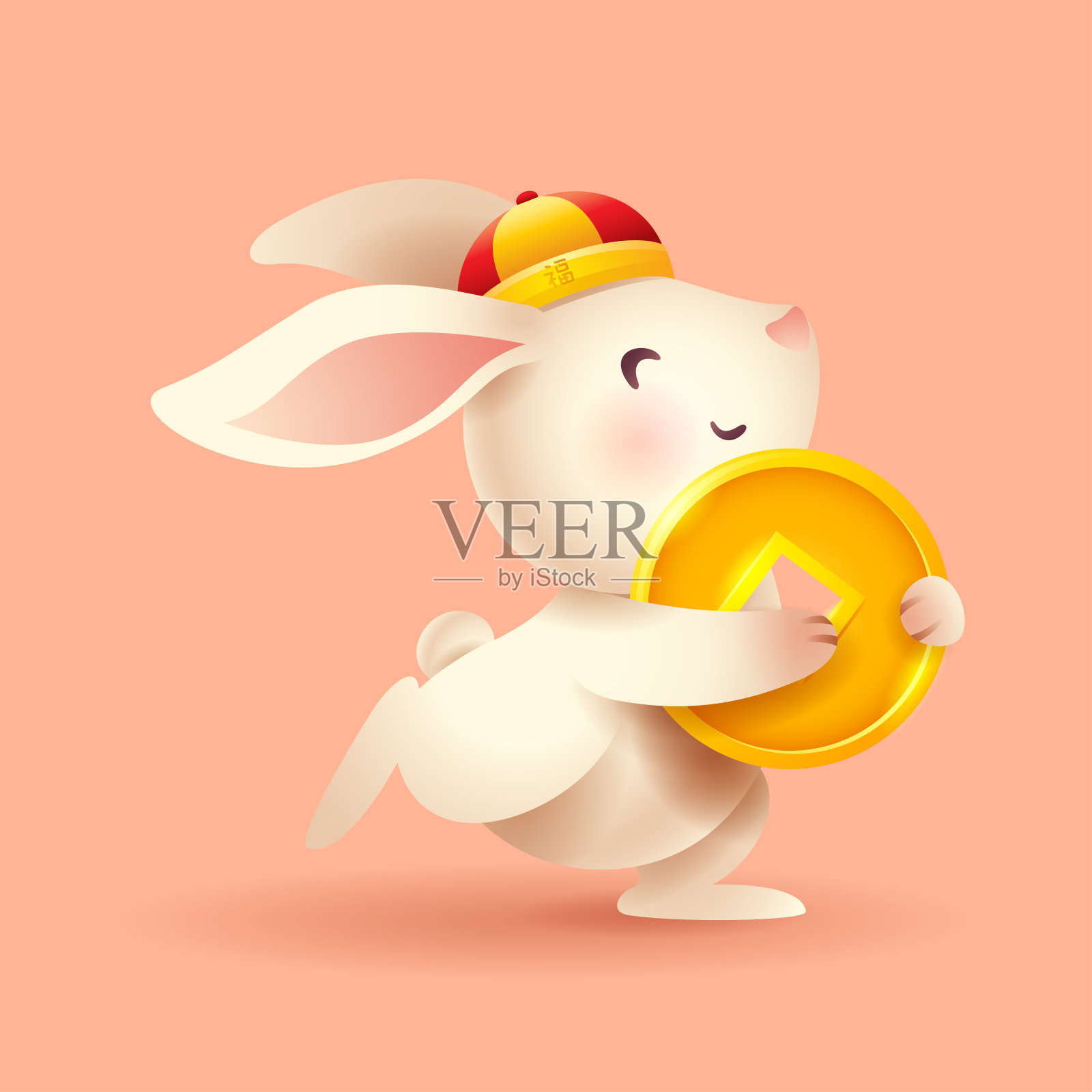 可爱的兔子拿着一枚中国传统硬币。兔年。翻译过来就是:祝你好运。插画图片素材