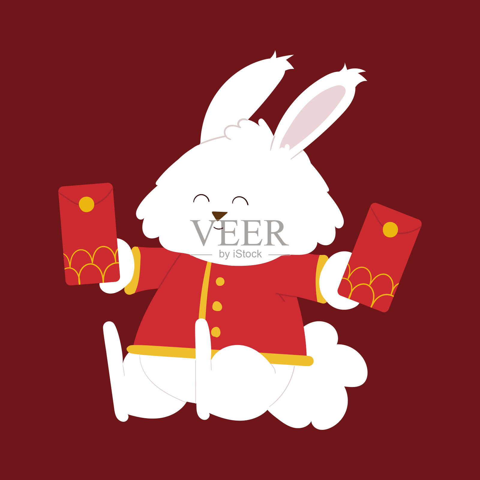 快乐的中国新年与可爱的兔子与财富金钱。动物假期卡通人物插画图片素材