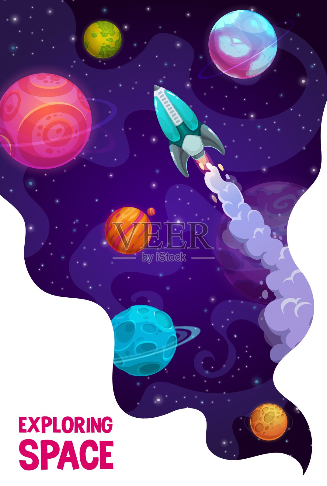 星系探索海报与火箭飞船，行星插画图片素材