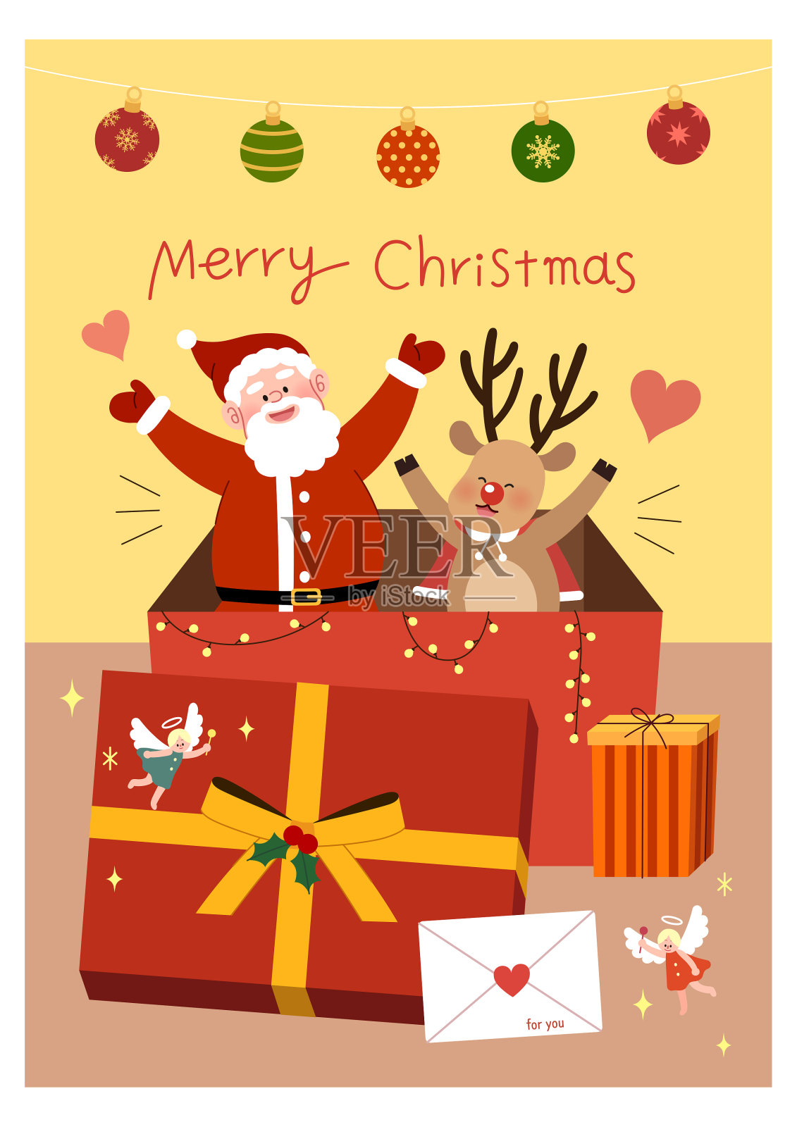 庆祝活动，圣诞节，冬天，人物，圣诞老人，鲁道夫，礼盒，礼物，圣诞卡，圣诞装饰，仙女插画图片素材