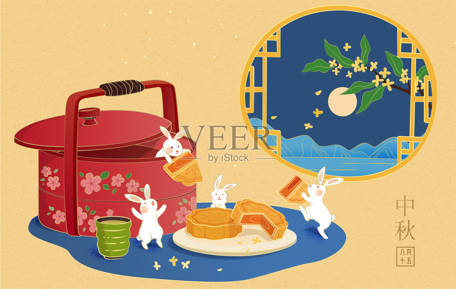 手绘中秋节横幅 可爱微型玉兔分享月饼插画图片素材