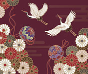 鹤和菊花日本传统图案图片素材