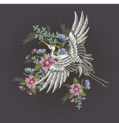 日本白鹤和花。刺绣向量。图片素材