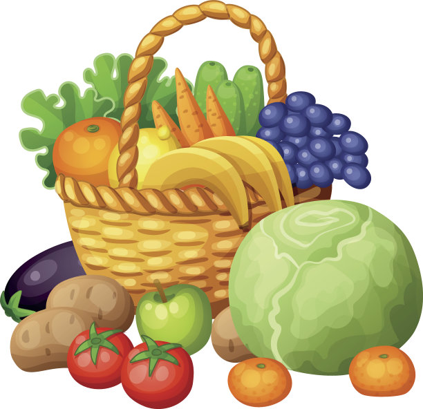 水果和蔬菜在篮子里卡通矢量插图孤立图片下载