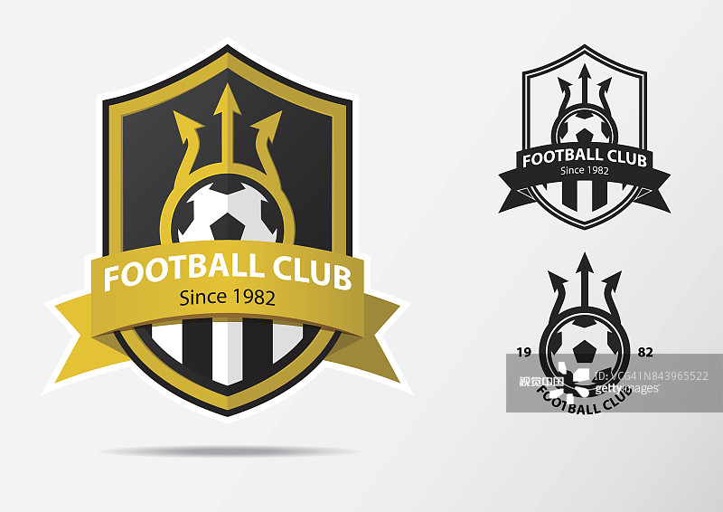 足球或足球徽章图标设计的足球队。金色叉子和金色丝带的简约设计。足球俱乐部图标黑白图标。向量。图片素材