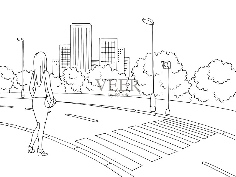 简单自然风景设计绘画插图矢量水平画幅站等着色俄罗斯灌木人行道小路