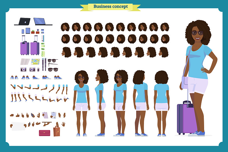 黑人游客女性，度假旅行者角色创作集。全长，观点，情绪，手势，棕褐色的肤色，白色的背景。构建自己的设计。卡通平图片下载