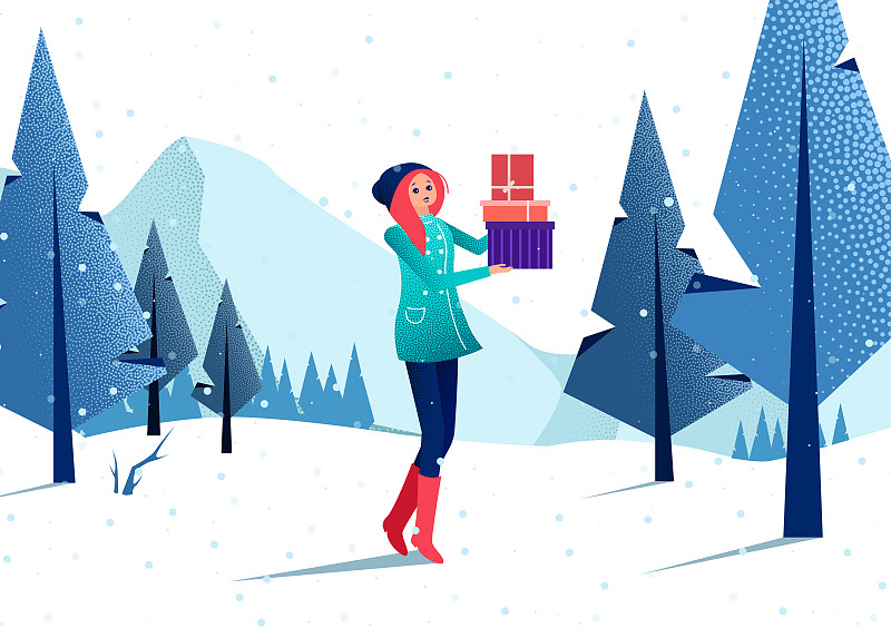 女孩带着礼物在森林里散步。冬天的风景。图片下载