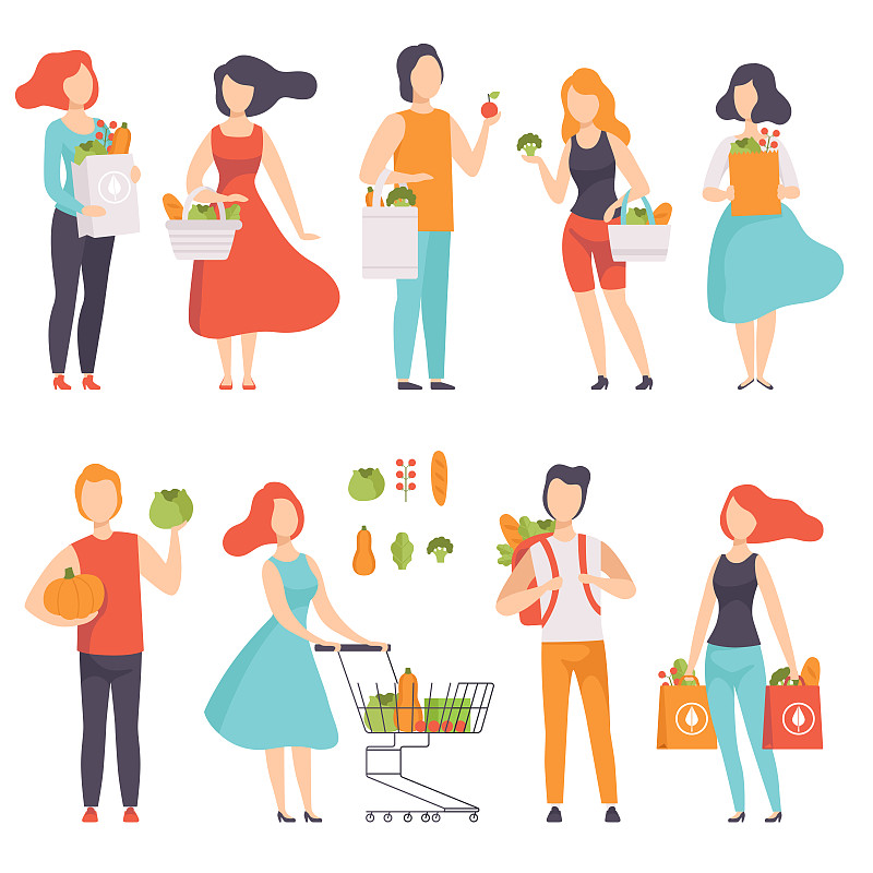 人们用袋子与健康的食物，男人和女人在杂货店购物矢量插图在一个白色的背景图片下载
