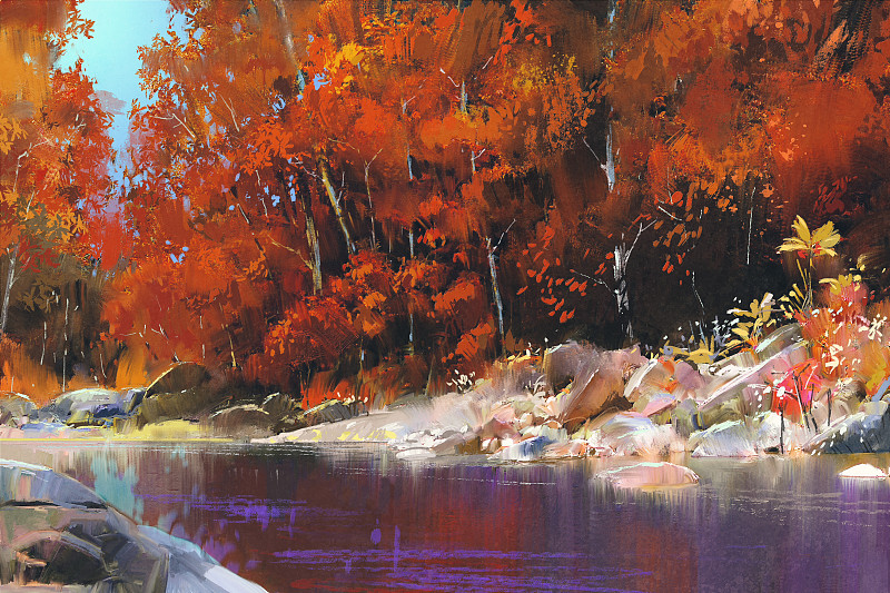 河流在秋天的森林里图片下载